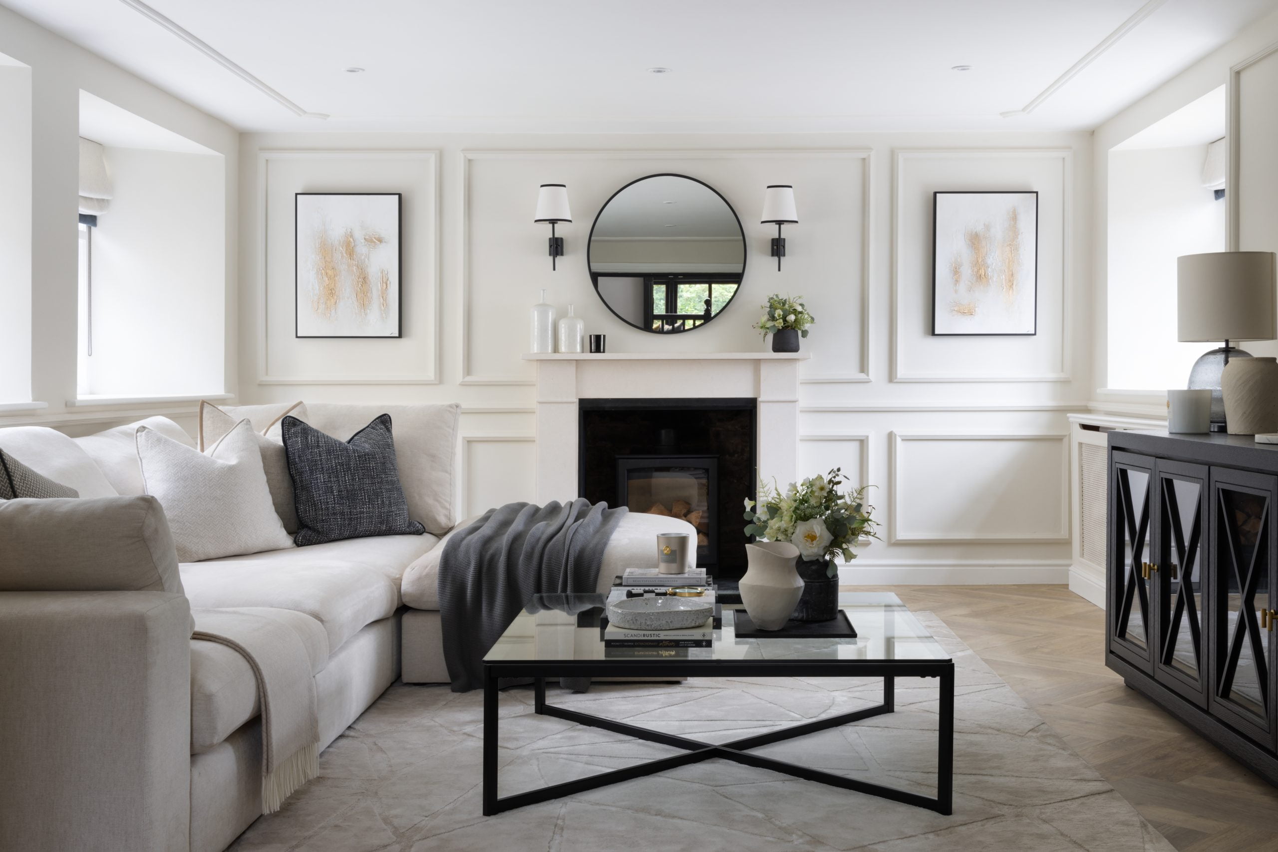 Beautiful modern living room interior with modern boutique hotel feel and touches of monochrome
